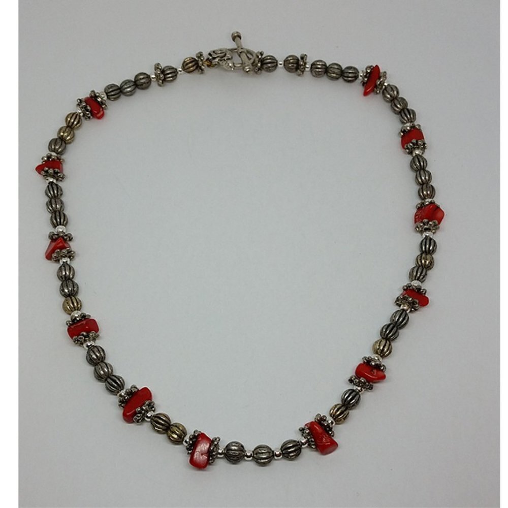 Artisan made antique silver ball bead vintage necklace w red coral beads-boho.